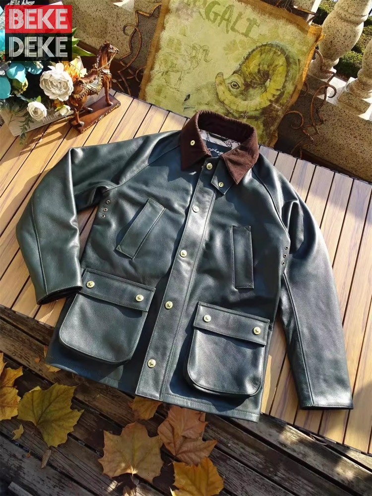 Leather Work Jacket Mens - บุรุษเสื้อหนังวัวแท้เสื้อล่าสัตว์ฤดูใบไม้ผลิ Turndown COLLAR SINGLE Breasted กว้างเอวธุรกิจเสื้อทํางานลําลอง
