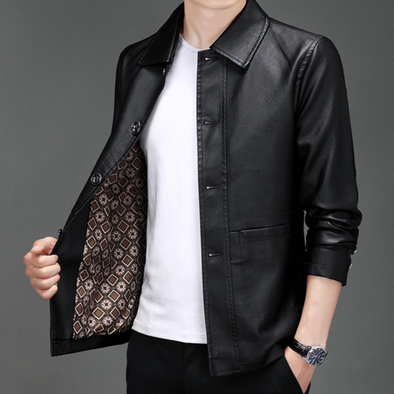 Leather Work Jacket Mens - เสื้อแจ็คเก็ตหนัง PU ทรงสลิมฟิตสำหรับผู้ชาย สไตล์เกาหลี เหมาะสำหรับใส่ทำงานหรือใส่ลำลองในฤดูใบไม้ร่วง