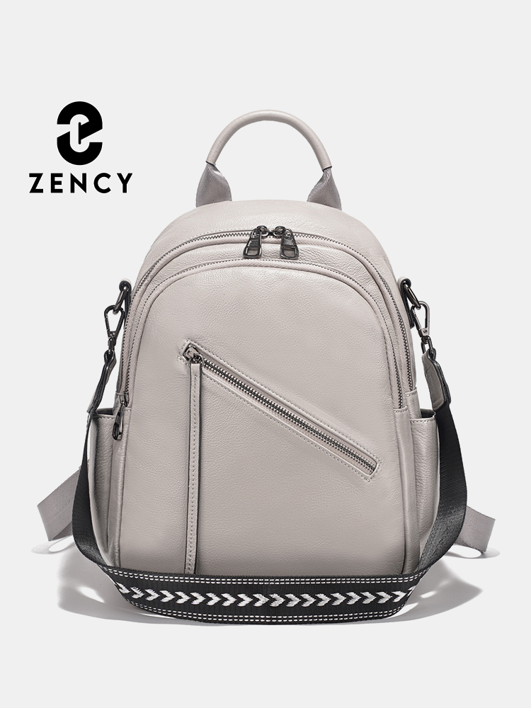 Leather Work Womens Backpack - กระเป๋าเป้หนังแท้สำหรับผู้หญิงเซนซีพร้อมช่องซิปกว้างขวางสำหรับเดินทางไปทำงาน สายสะพายกว้างแบบปรับเปลี่ยนได้ กระเป๋าสะพายไหล่สำหรับสุภาพสตรี