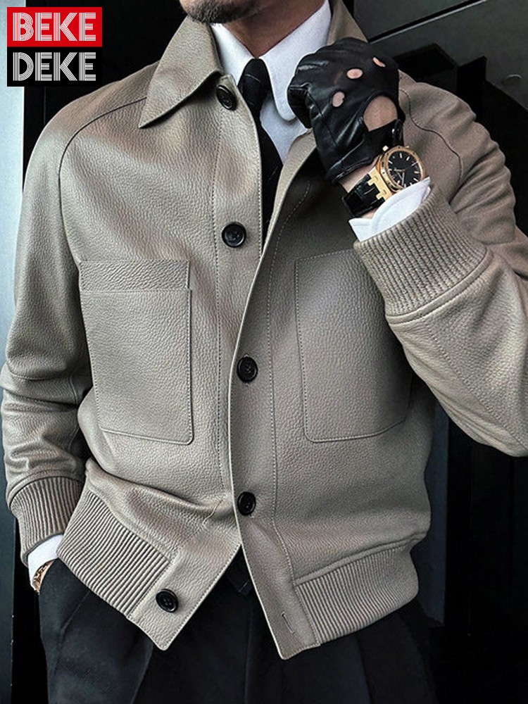 Leather Work Jacket Mens - เสื้อแจ็คเก็ตหนังแกะแท้ทรงสลิมฟิตสำหรับผู้ชาย ดีไซน์อิตาลี เหมาะสำหรับธุรกิจและทำงาน กระดุมแถวเดียว แฟชั่นฤดูใบไม้ร่วง กันลม