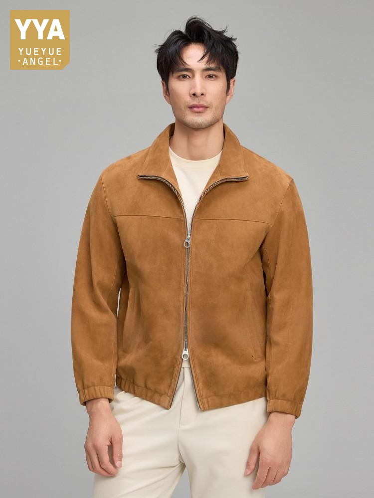 Leather Work Jacket Mens - เสื้อแจ็คเก็ตหนังกลับแท้สำหรับผู้ชาย สไตล์หรูหรา นุ่มสบาย ปกคอปกแบบซิป เหมาะสำหรับใส่ทำงานหรือธุรกิจ แฟชั่นฤดูใบไม้ร่วง