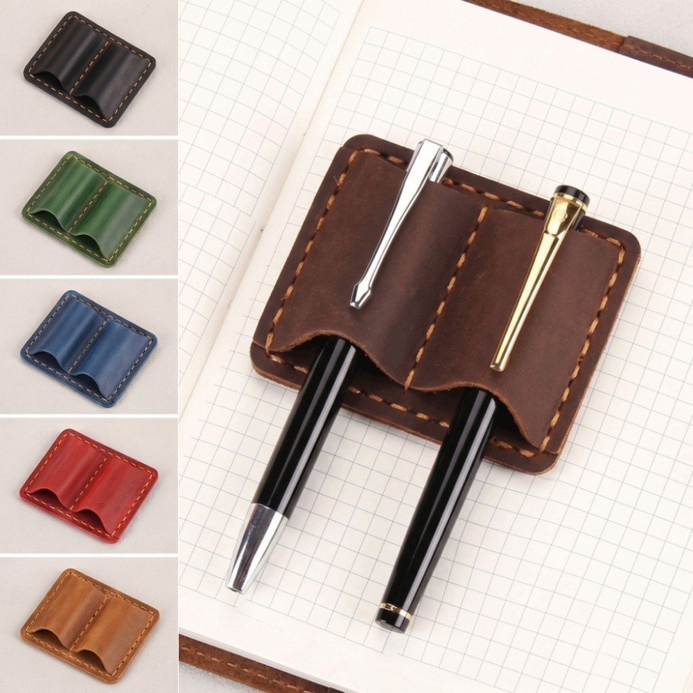 Leather Work Notebook - ที่ใส่ปากกาหนังวินเทจแบบคู่ ดีไซน์หรูหรา ทำมือ สไตล์เรโทร พร้อมคลิปโลหะกันหลุด สำหรับใส่ปากกาในสมุดบันทึก